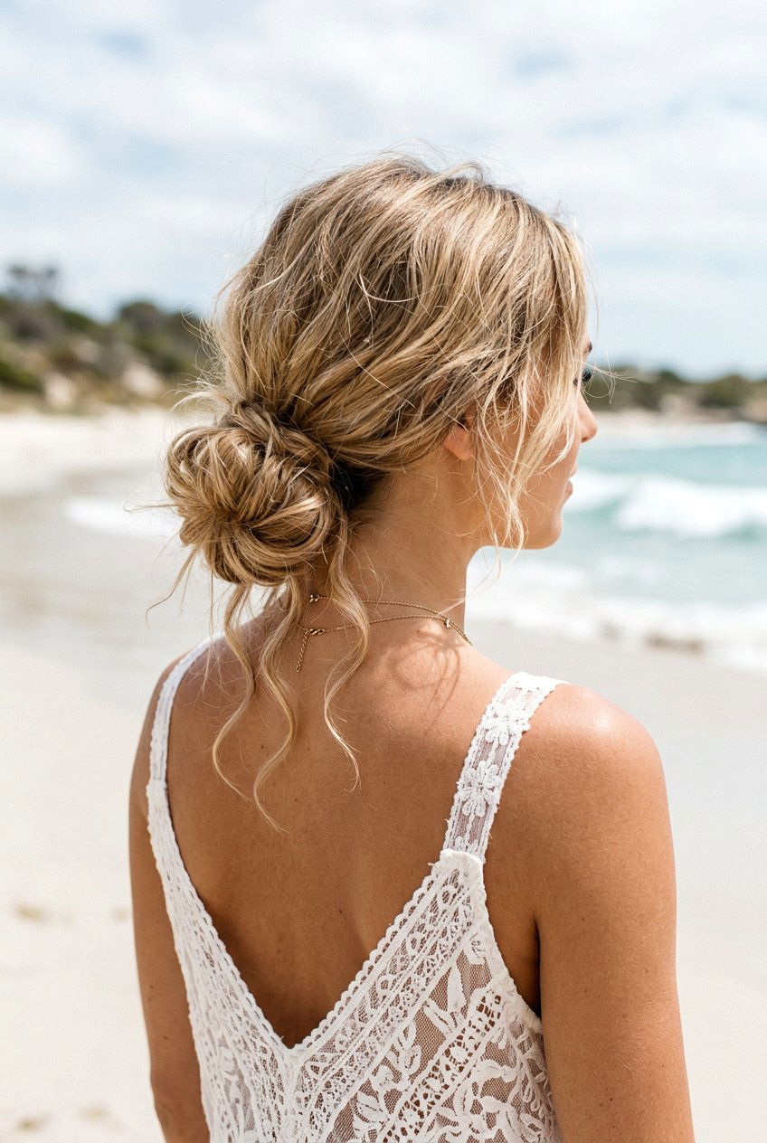 Messy Low Bun With Loose Strands - 20 beach photo shoot hairstyles - 20 beach photo shoot hairstyles