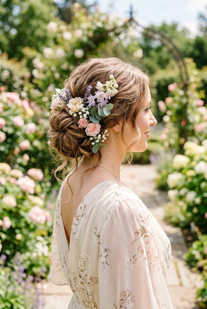 Messy Low Bun With Mixed Pastel Flowers - 20 wedding bun with flowers - 20 wedding bun with flowers