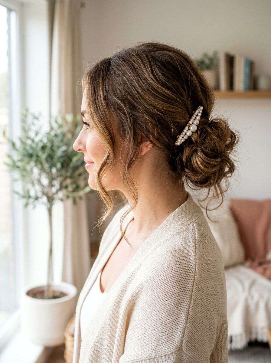 Messy Low Bun With Pearl Barrette - 20 office hairstyle with pearl barrette - 20 office hairstyle with pearl barrette