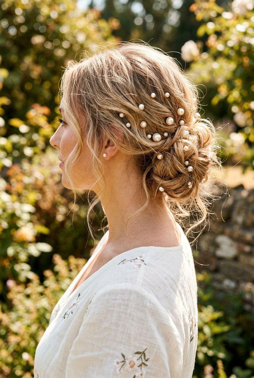 Messy Low Bun With Pearl Pins - 20 birthday hairstyle with low bun and pearls - 20 birthday hairstyle with low bun and pearls