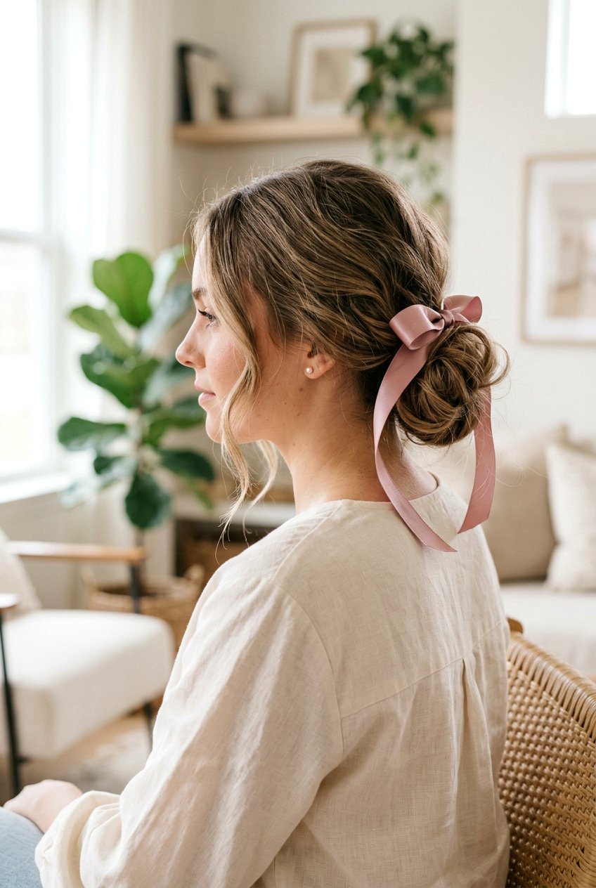 Messy Low Bun With Ribbon - 20 coquette ribbon hairstyle - 20 coquette ribbon hairstyle