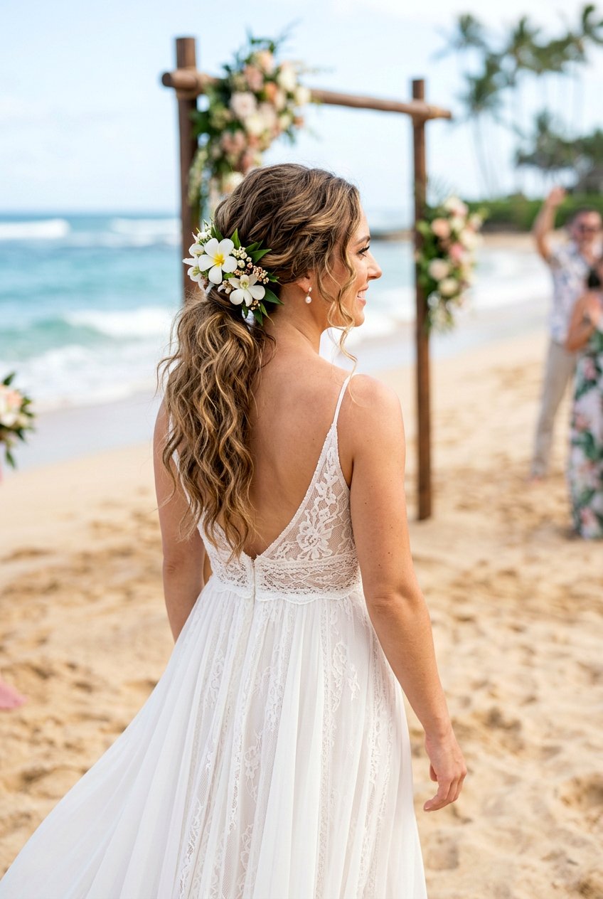 Messy Low Ponytail With Beachy Waves - 20 bridal low ponytail with waves - 20 bridal low ponytail with waves