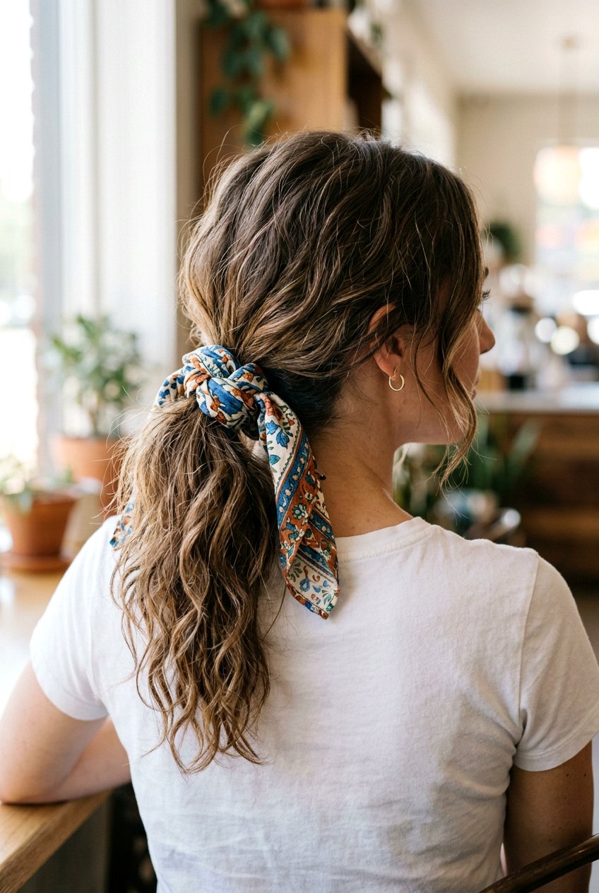 Messy Low Ponytail With Patterned Scarf - 20 scarf ponytail hairstyle - 20 scarf ponytail hairstyle