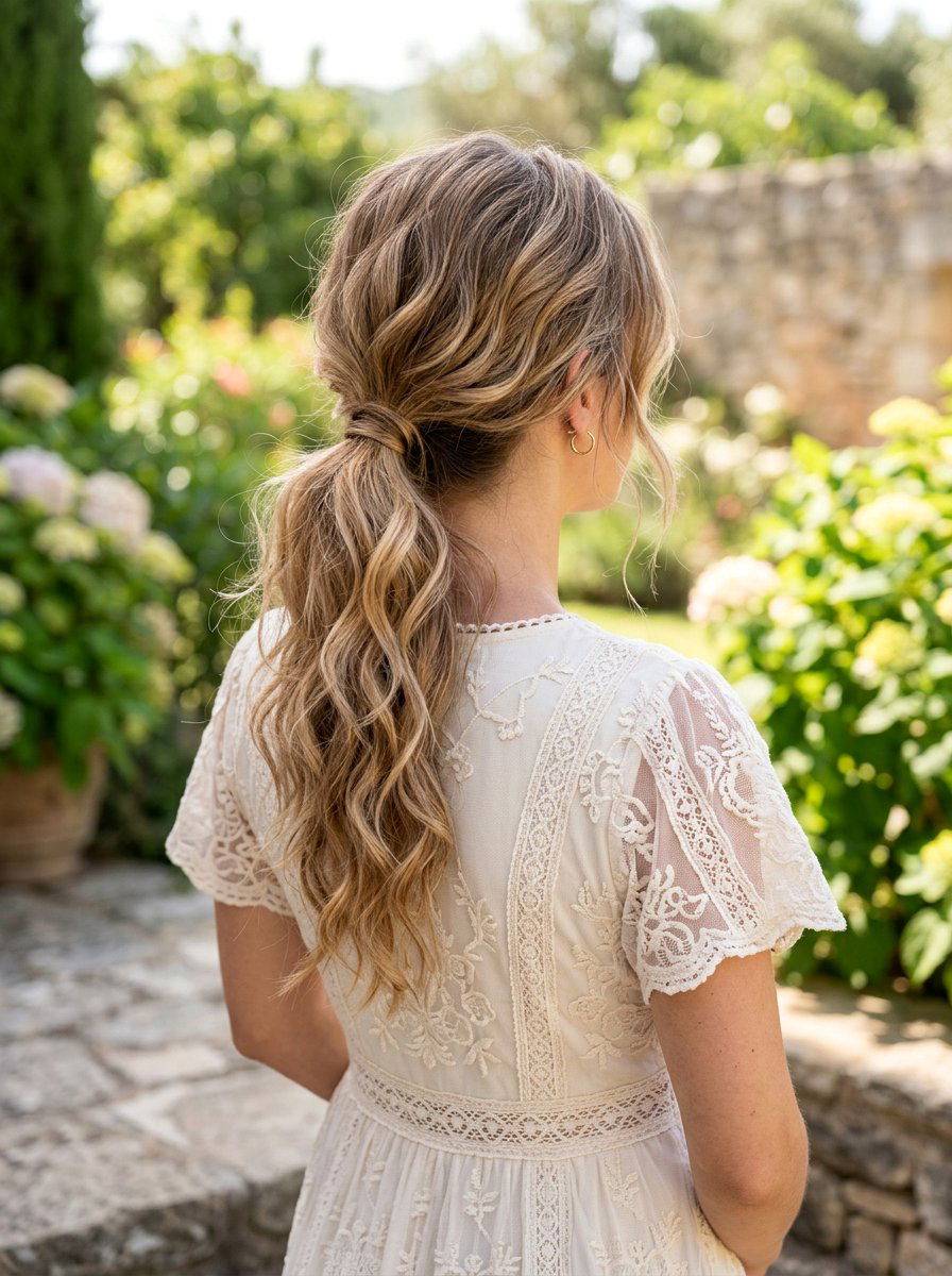 Messy Low Ponytail With Textured Waves - 20 wedding guest low ponytail with waves - 20 wedding guest low ponytail with waves