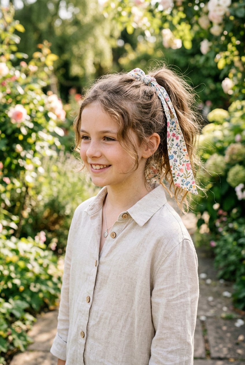 Messy Ponytail With Floral Print Ribbon - 20 ribbon ponytail for girls - 20 ribbon ponytail for girls