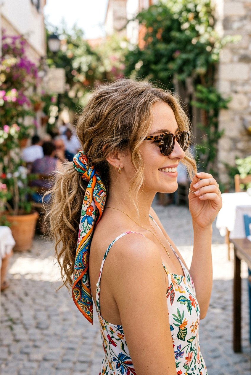 Messy Ponytail With Scarf - 20 boho messy ponytail hairstyle - 20 boho messy ponytail hairstyle