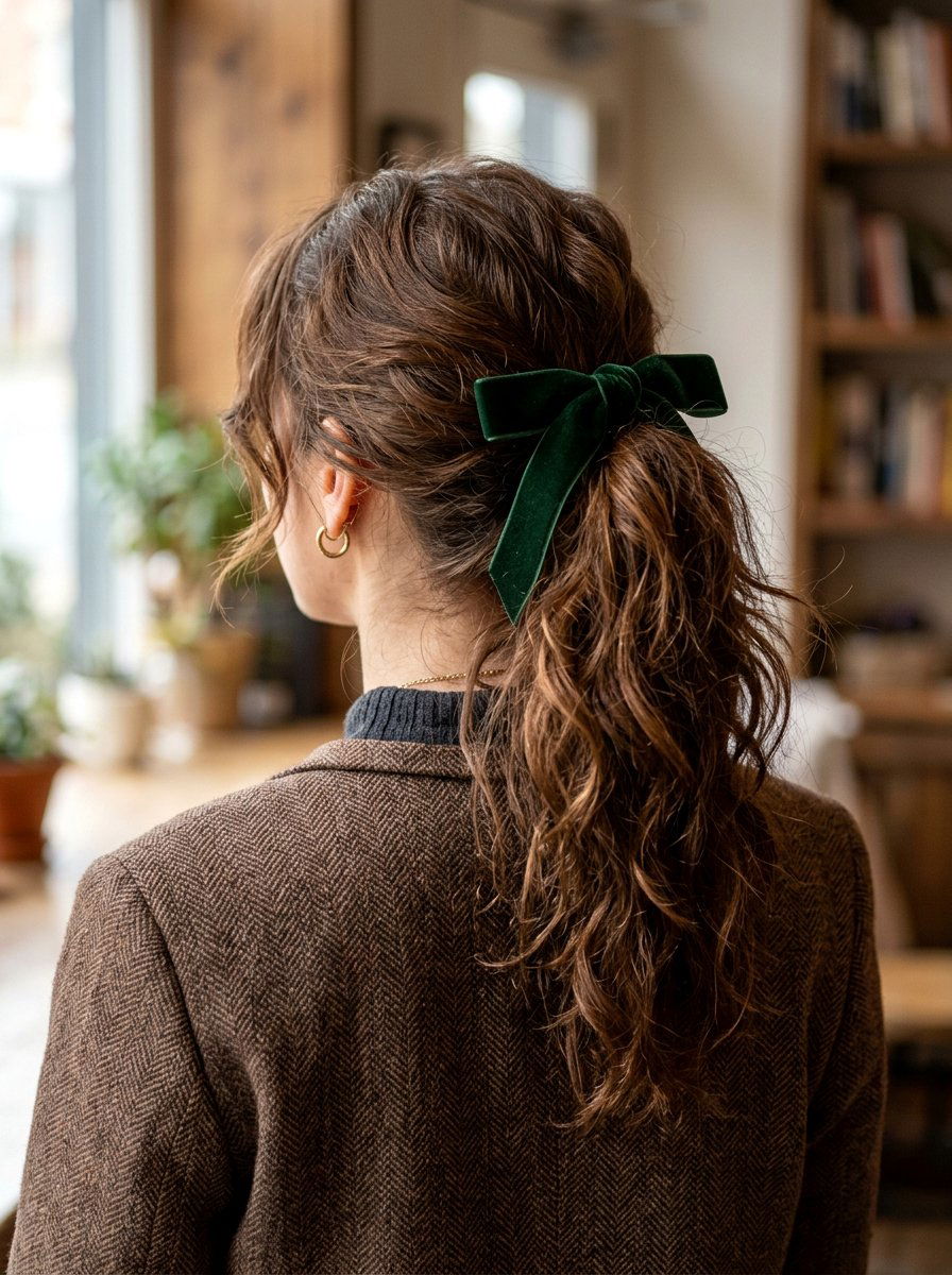 Messy Ponytail With Velvet Bow - 20 light academia ponytail hairstyle - 20 light academia ponytail hairstyle
