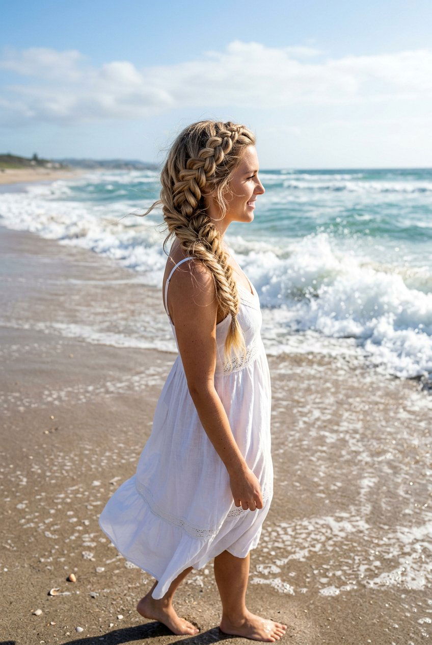 Messy Saltwater Waves With A Side Braid - 20 beach hairstyle with saltwater waves - 20 beach hairstyle with saltwater waves