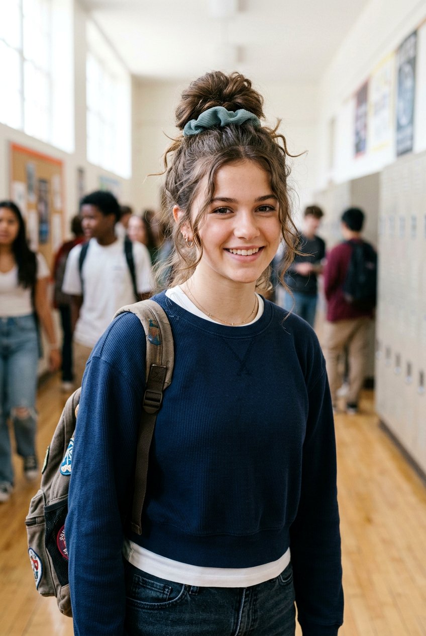 Messy School Bun With Scrunchie - 20 school bun hairstyle for girls - 20 school bun hairstyle for girls