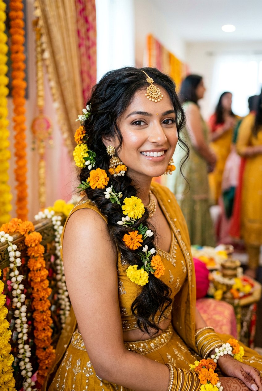 Messy Side Braid Haldi Hairstyle For Bride - 20 haldi hairstyles for bride - 20 haldi hairstyles for bride