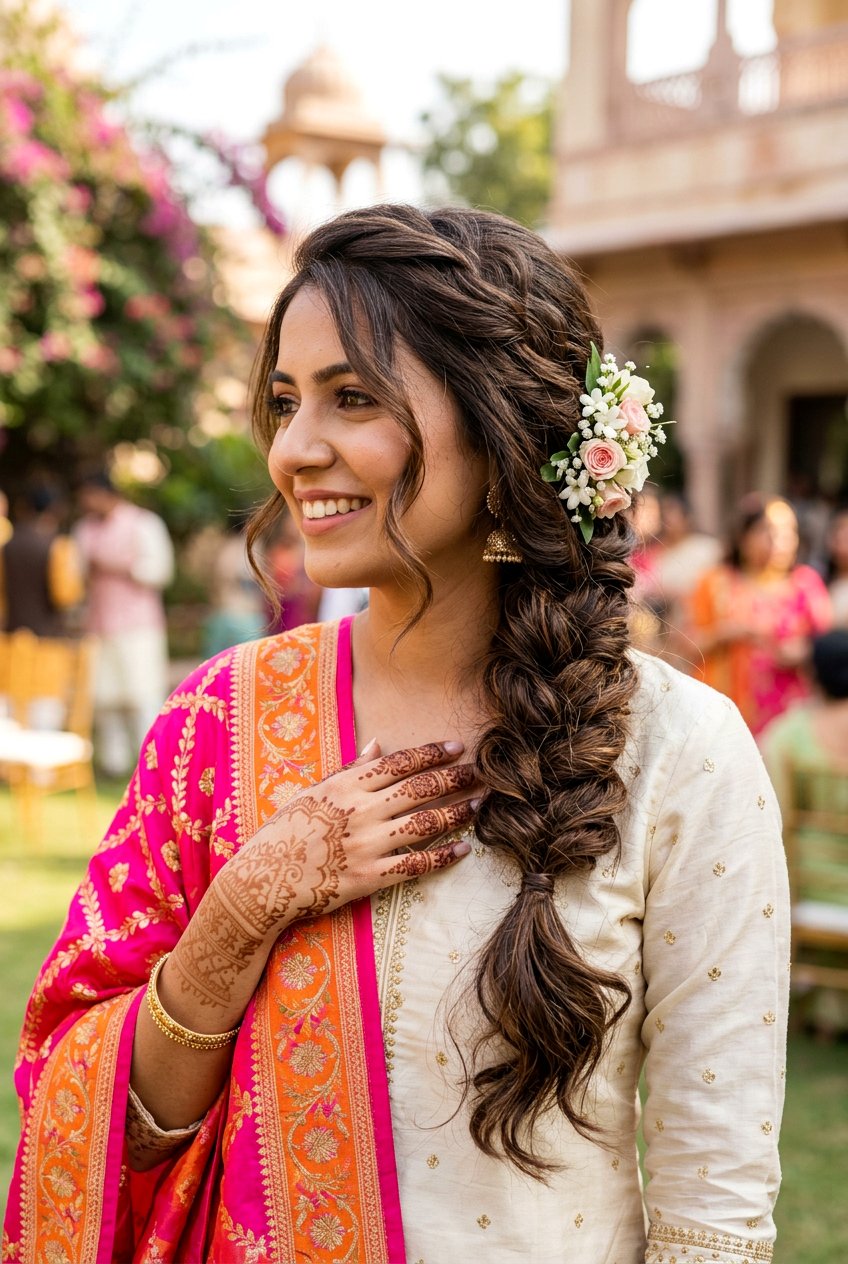 Messy Side Braid Mehndi Hairstyle - 20 mehndi hairstyles - 20 mehndi hairstyles