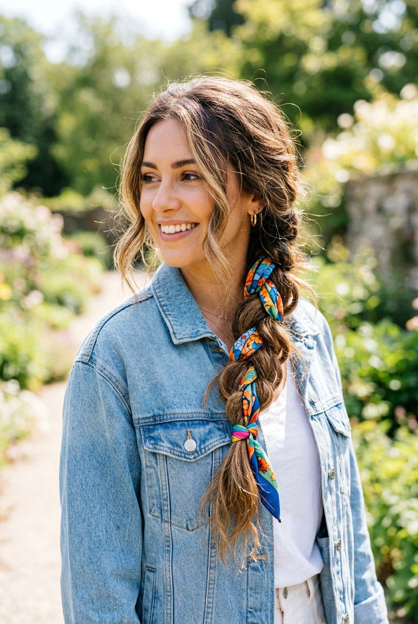 Messy Side Braid With Hair Scarf - 20 beach hairstyle with messy side braid - 20 beach hairstyle with messy side braid