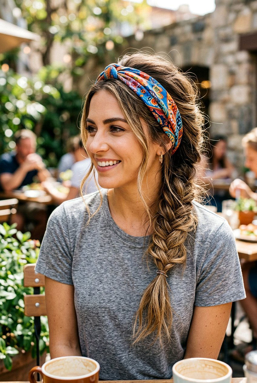 Messy Side Braid With Headband - 20 beach hairstyle with messy side braid - 20 beach hairstyle with messy side braid