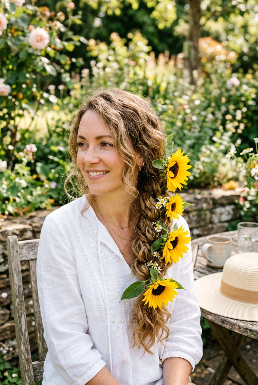 Messy Side Braid With Sunflowers - 20 fairycore braid hairstyle with flowers - 20 fairycore braid hairstyle with flowers