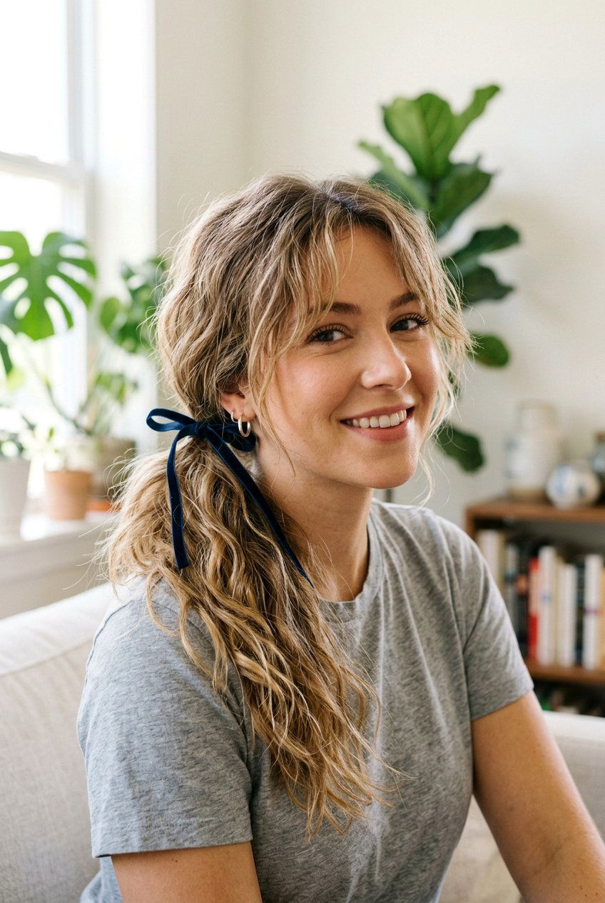 Messy Side Ponytail With Thin Ribbon - 20 side ponytail with ribbon - 20 side ponytail with ribbon