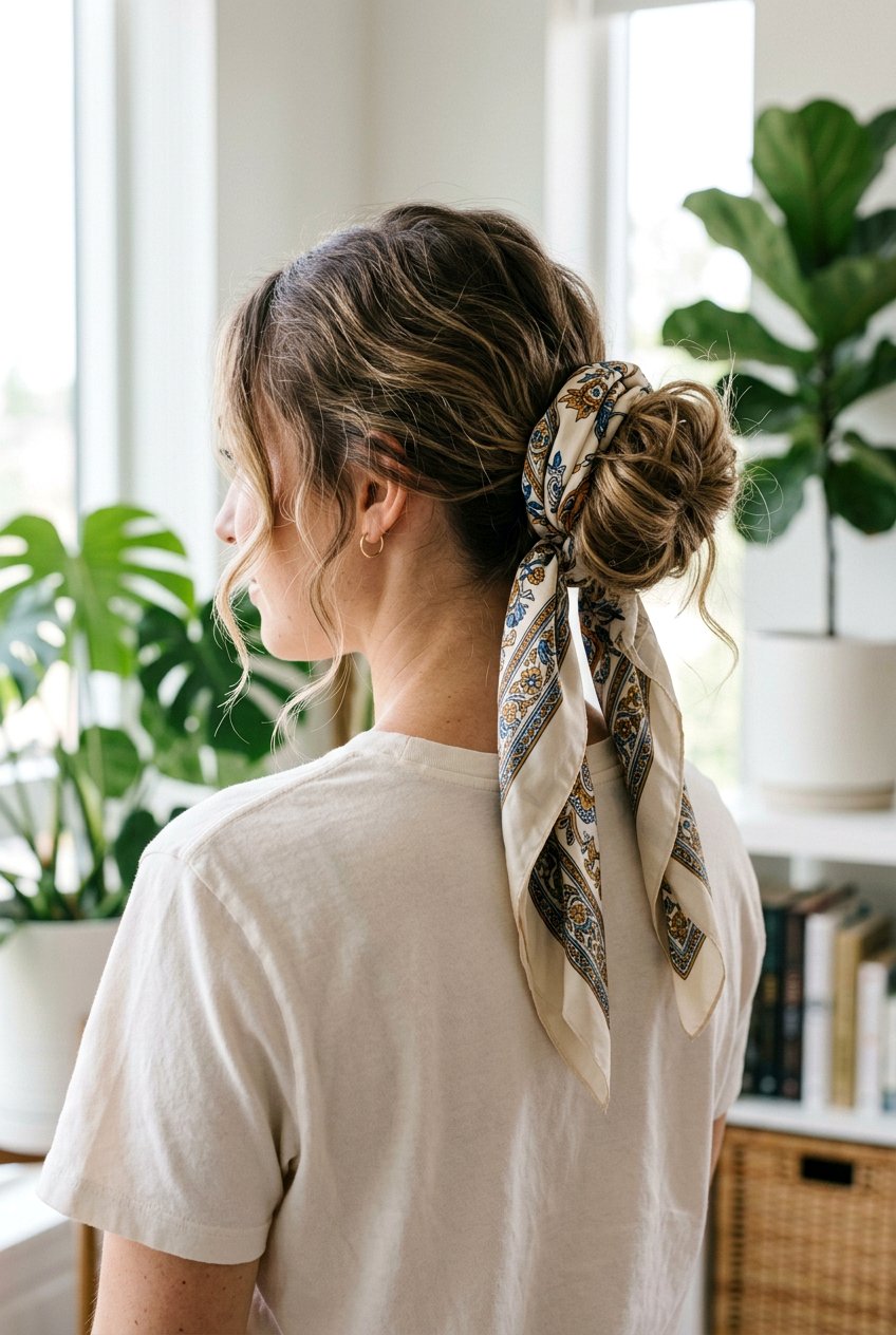 Messy Silk Scarf Bun For Casual Days - 20 silk scarf bun hairstyle - 20 silk scarf bun hairstyle