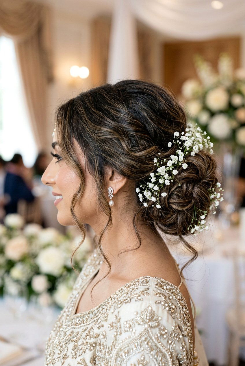 Messy Textured Bridal Bun With Flowers - 20 pakistani bridal hairstyles - 20 pakistani bridal hairstyles