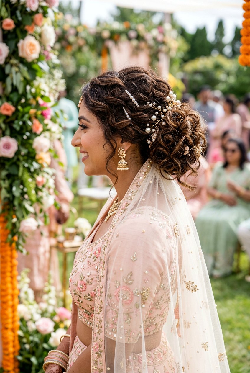 Messy Textured Bun With Light Net Dupatta - 20 bridal hairstyles with dupatta - 20 bridal hairstyles with dupatta