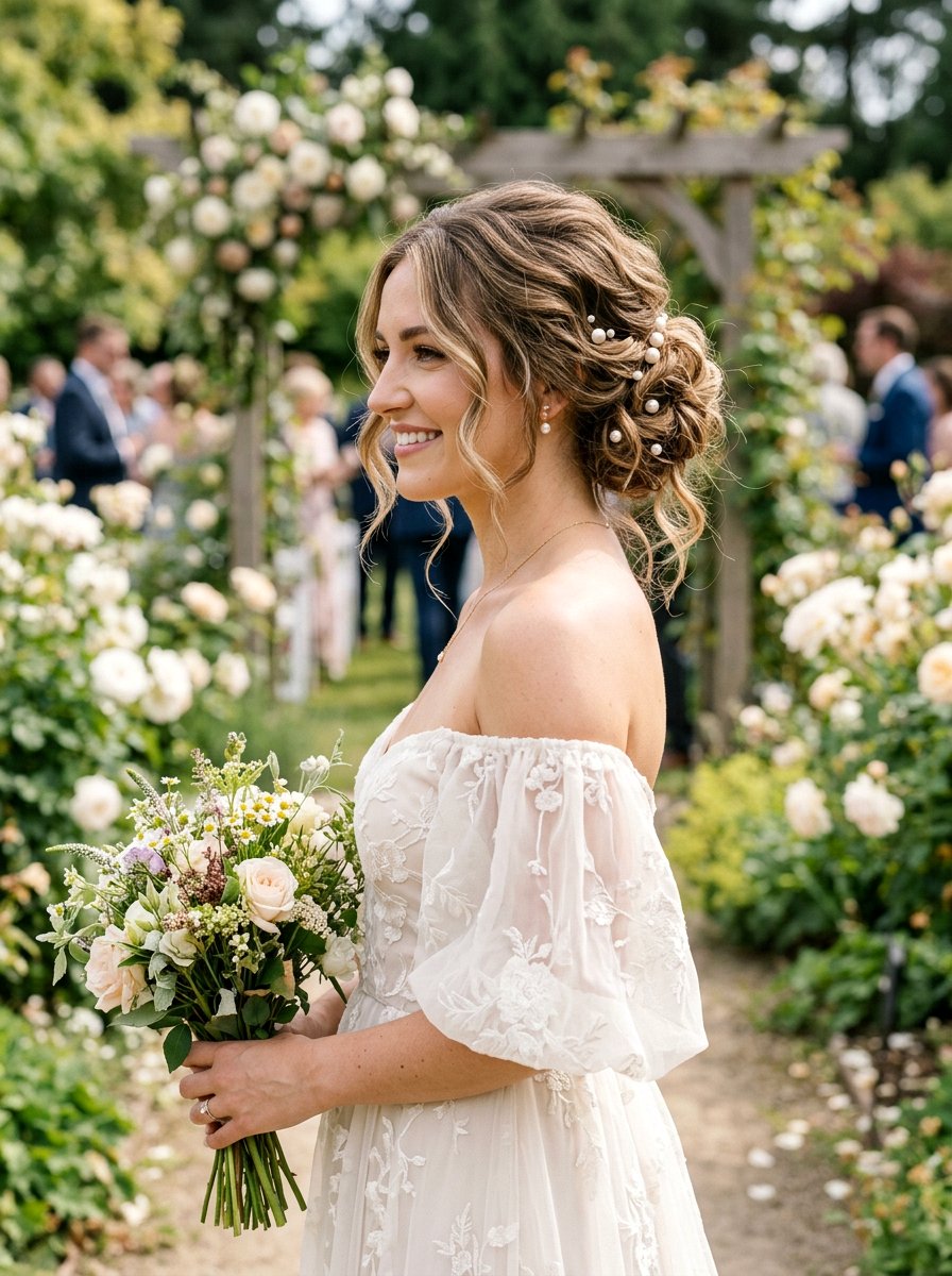 Messy Textured Bun With Pearls - 20 pearl embellished bun hairstyle - 20 pearl embellished bun hairstyle