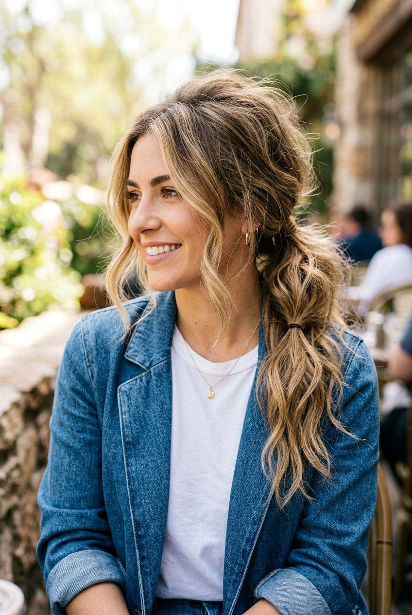 Messy Textured Ponytail - 20 business casual ponytail hairstyle - 20 business casual ponytail hairstyle