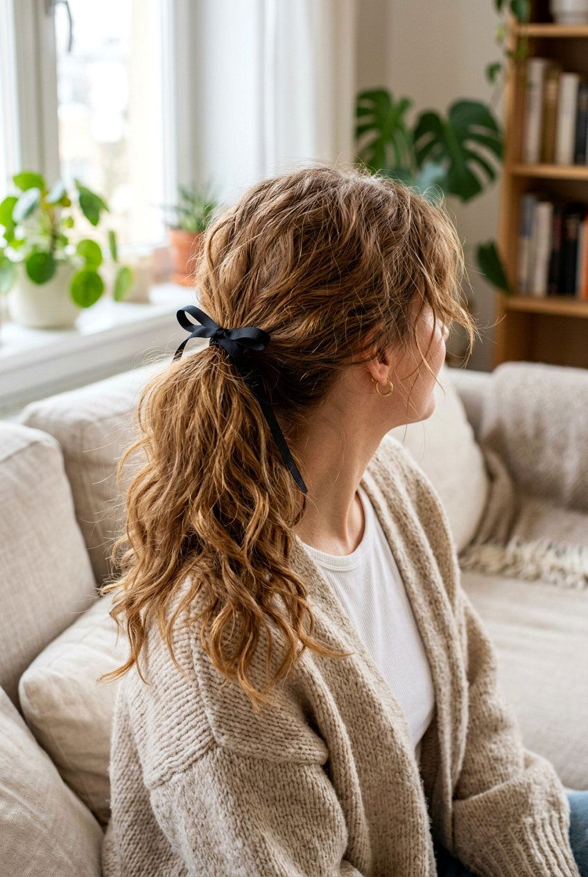 Messy Textured Ponytail With Thin Ribbon Bow - 20 christmas bow ponytail - 20 christmas bow ponytail