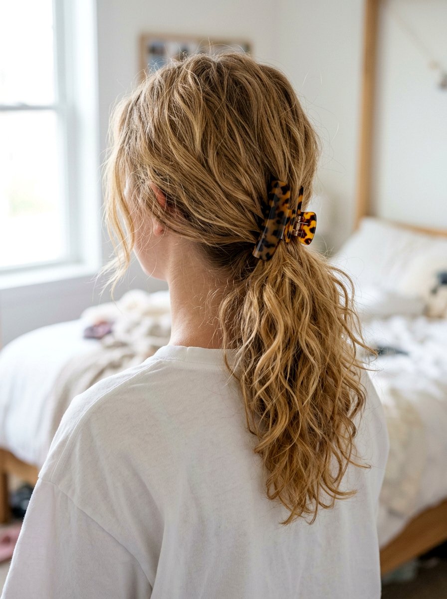 Messy Textured Ponytail with Tortoiseshell Claw Clip - 20 school ponytail with claw clip - 20 school ponytail with claw clip