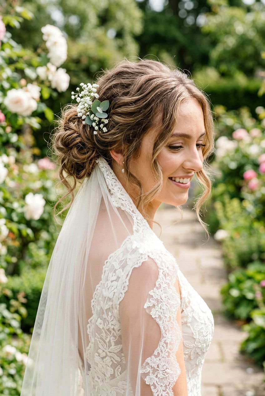 Messy Textured Side Bun With Fingertip Veil - 20 bridal side bun with veil - 20 bridal side bun with veil