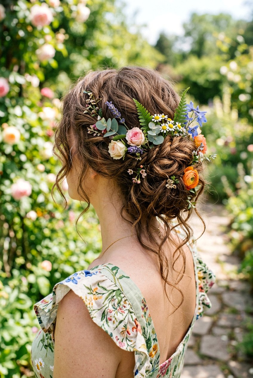 Messy Textured Updo With Wildflower Pins - 20 bridal hairstyle with floral pins - 20 bridal hairstyle with floral pins