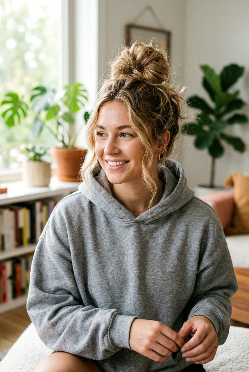 Messy Top Knot - 20 simple college hairstyle for girls - 20 simple college hairstyle for girls