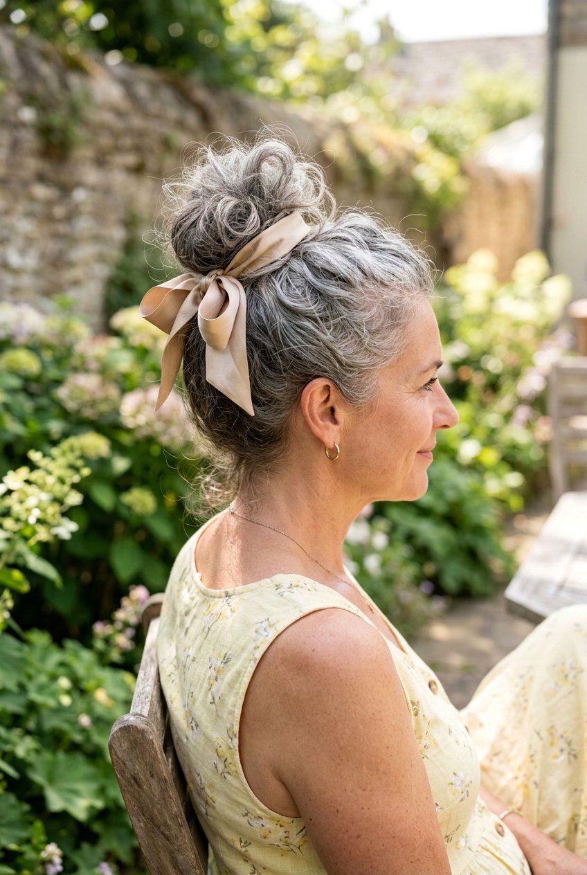 Messy Top Knot - 20 wedding guest hairstyle for naturally gray hair - 20 wedding guest hairstyle for naturally gray hair