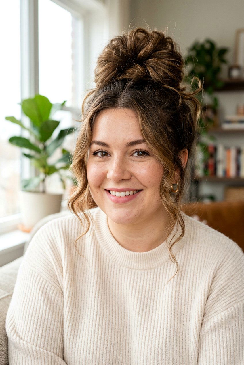 Messy Top Knot - 20 hairstyles for chubby faces - 20 hairstyles for chubby faces