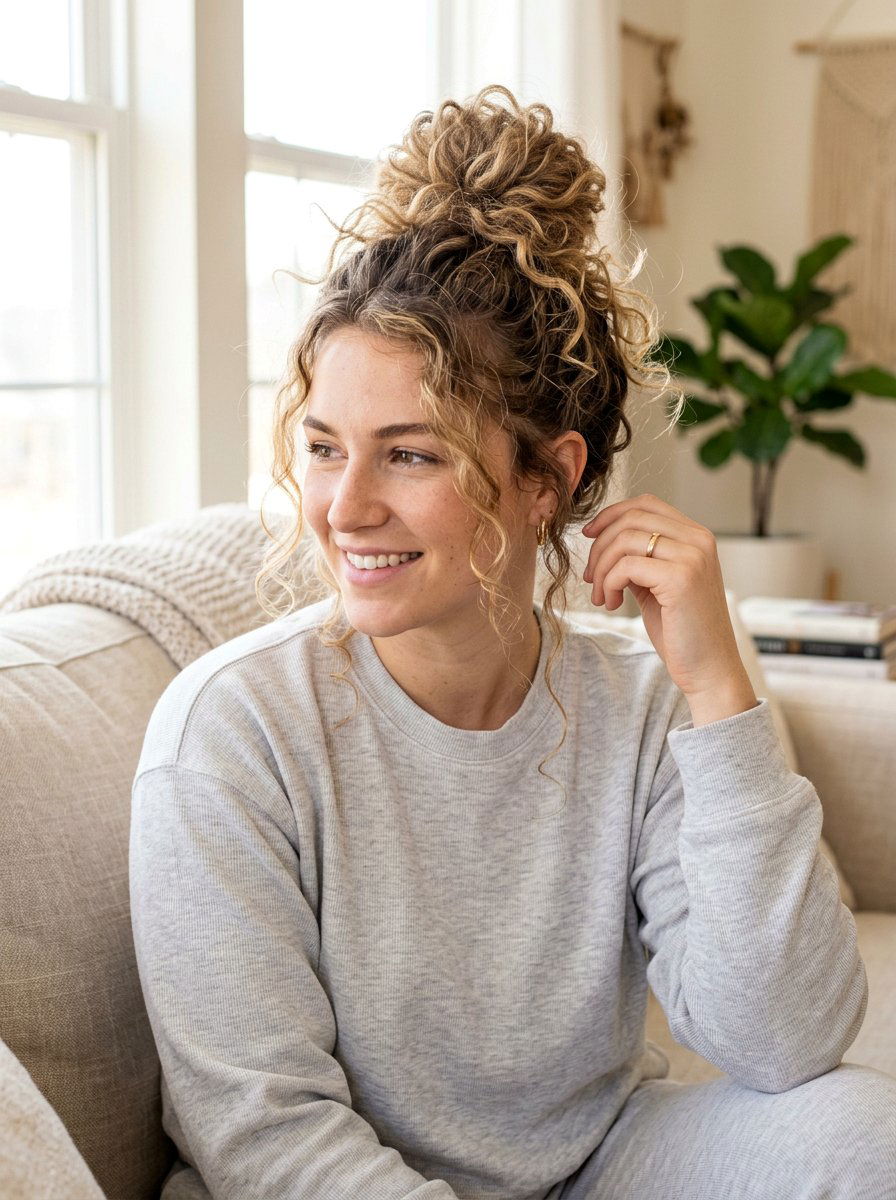 Messy Top Knot - 20 cute hairstyle for coffee date - 20 cute hairstyle for coffee date