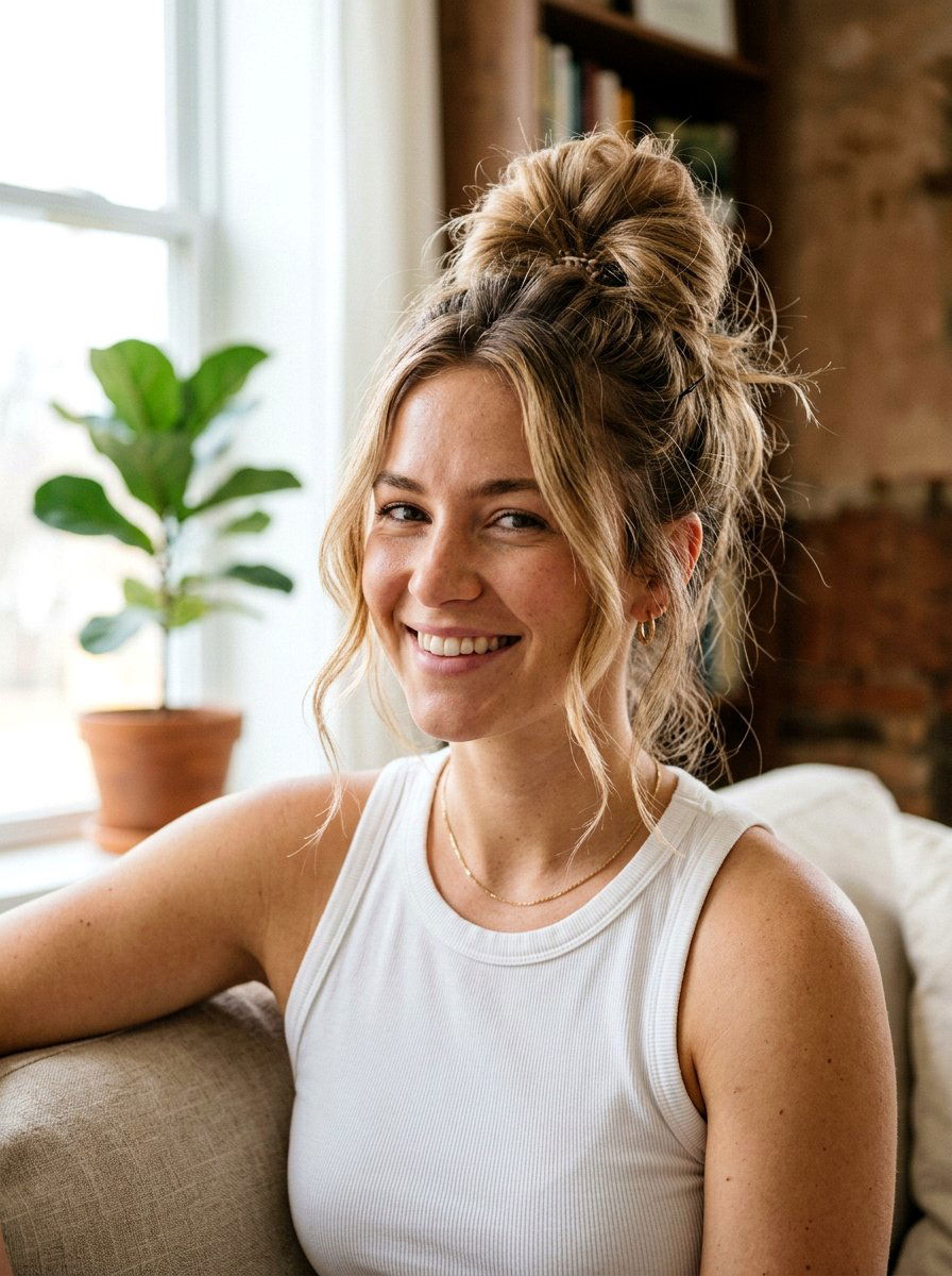 Messy Top Knot Bun - 20 easy hairstyle for humid weather - 20 easy hairstyle for humid weather