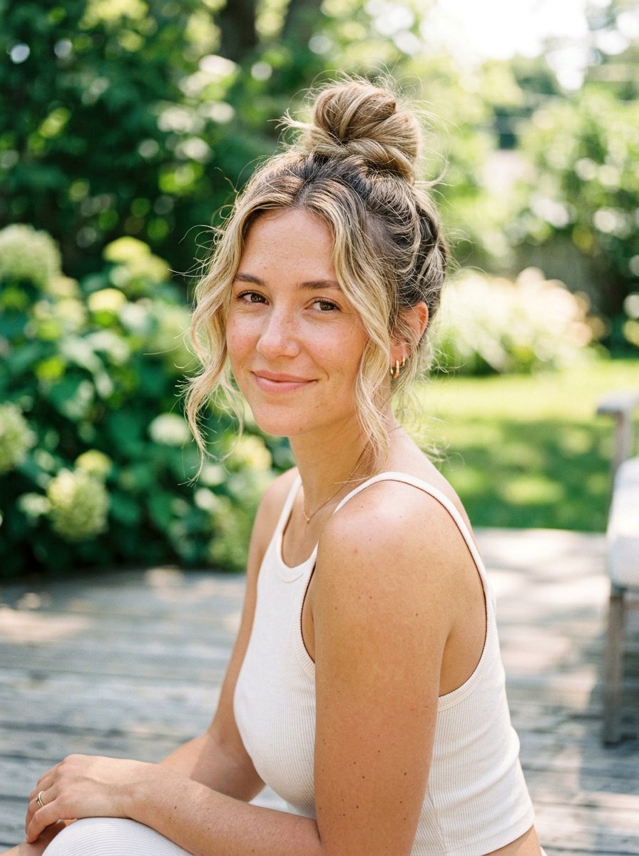 Messy Top Knot Bun - 20 hot weather hairstyles for women - 20 hot weather hairstyles for women