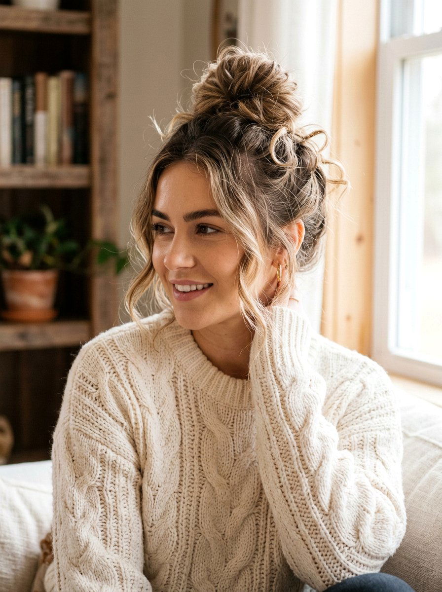 Messy Top Knot Bun - 20 cute bun hairstyle ideas for work - 20 cute bun hairstyle ideas for work
