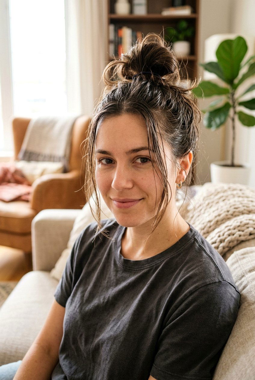 Messy Top Knot For Oily Roots - 20 greasy hair day hairstyles - 20 greasy hair day hairstyles