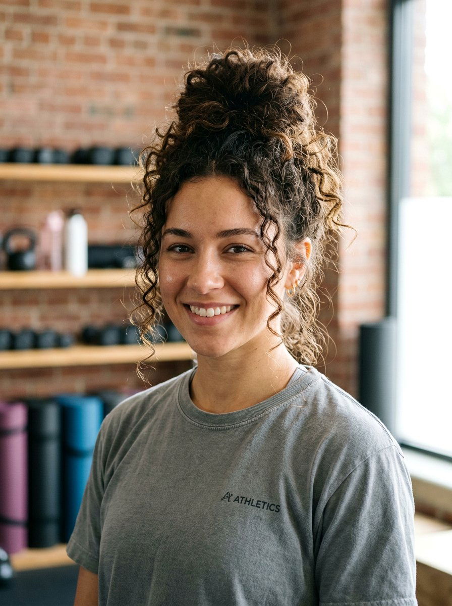 Messy Top Knot For Thick Curls - 20 gym hairstyle for thick curly hair - 20 gym hairstyle for thick curly hair