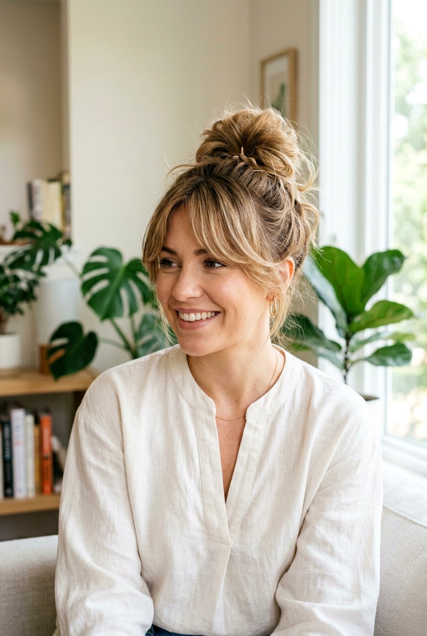 Messy Top Knot With Bardot Bangs - 20 messy top knot hairstyle - 20 messy top knot hairstyle