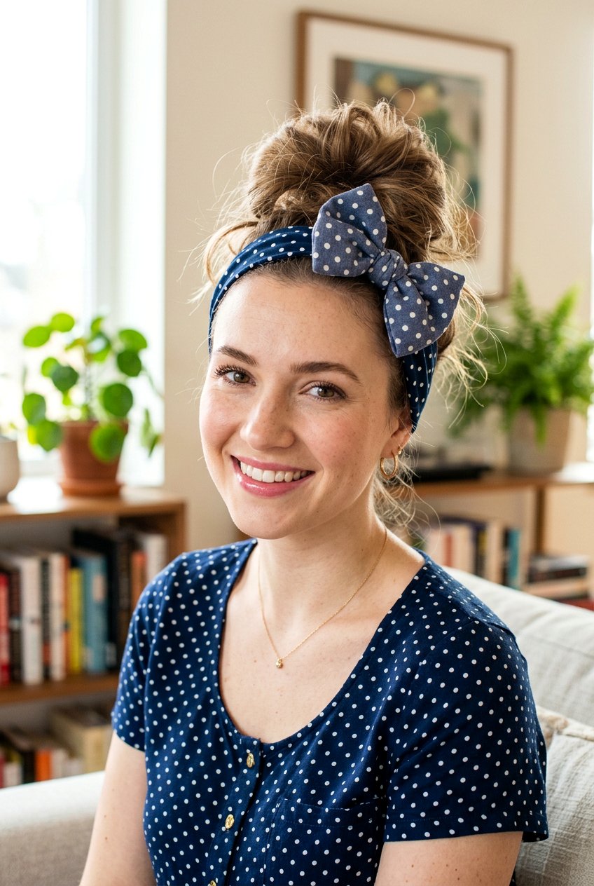 Messy Top Knot With Bow Headband - 20 headband bun hairstyle - 20 headband bun hairstyle