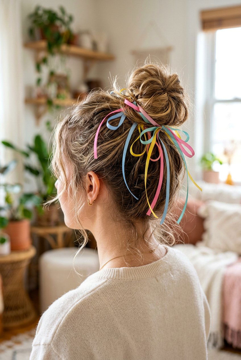 Messy Top Knot With Multi Colored Ribbons - 20 coquette bow bun hairstyle - 20 coquette bow bun hairstyle