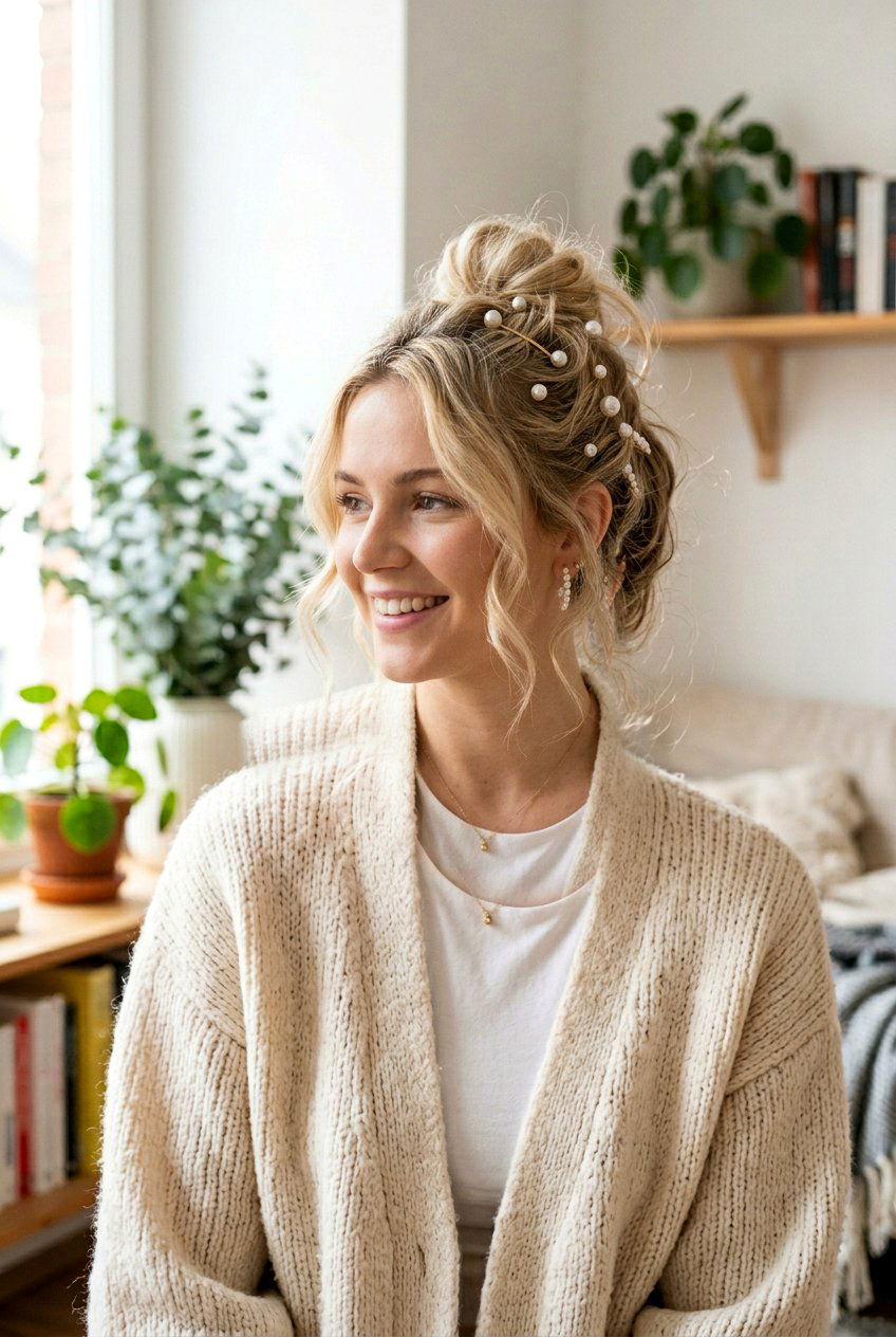 Messy Top Knot With Pearl Bobby Pins - 20 school hairstyle with pearl clips - 20 school hairstyle with pearl clips