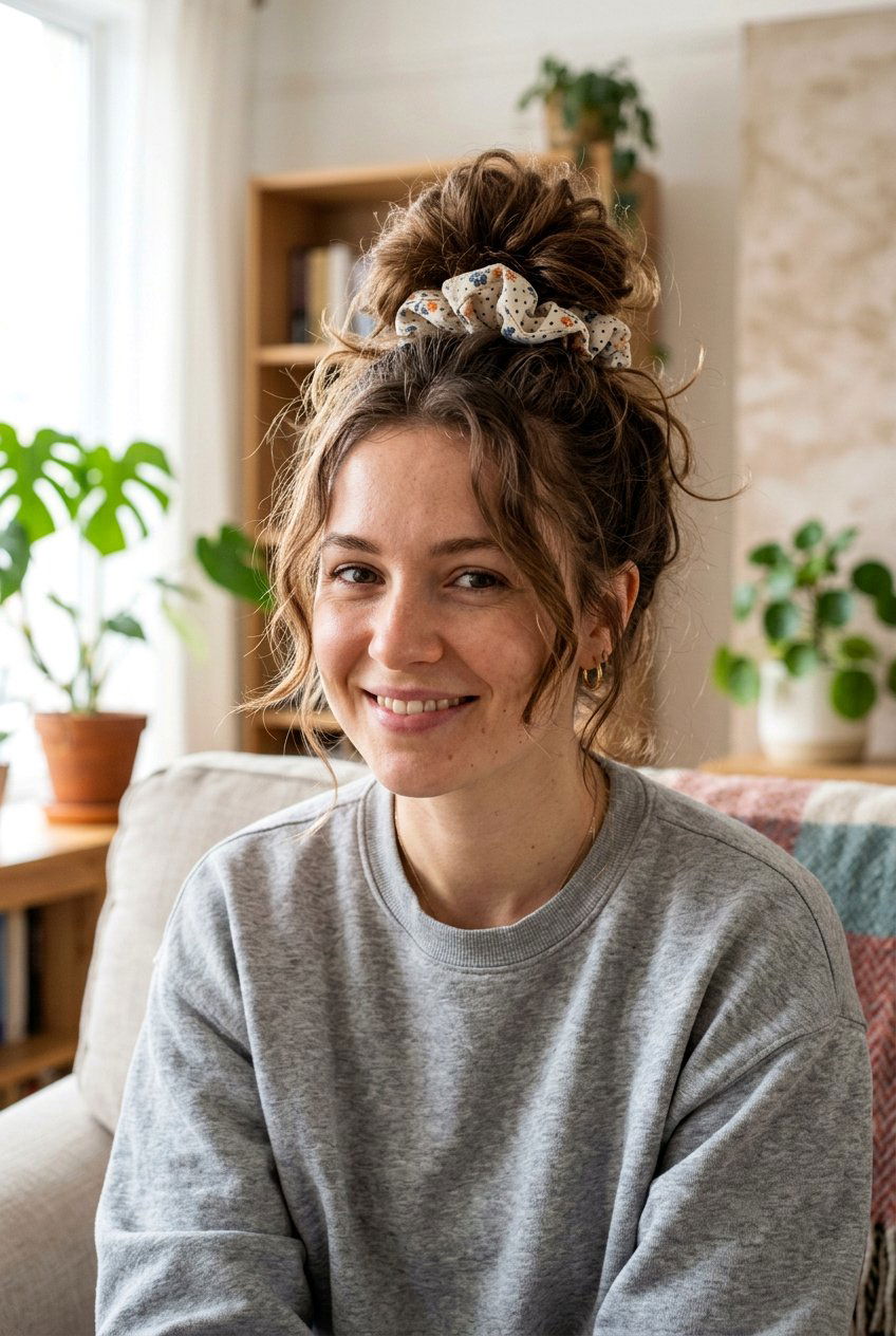 Messy Top Knot With Scrunchie - 20 messy top knot hairstyle - 20 messy top knot hairstyle