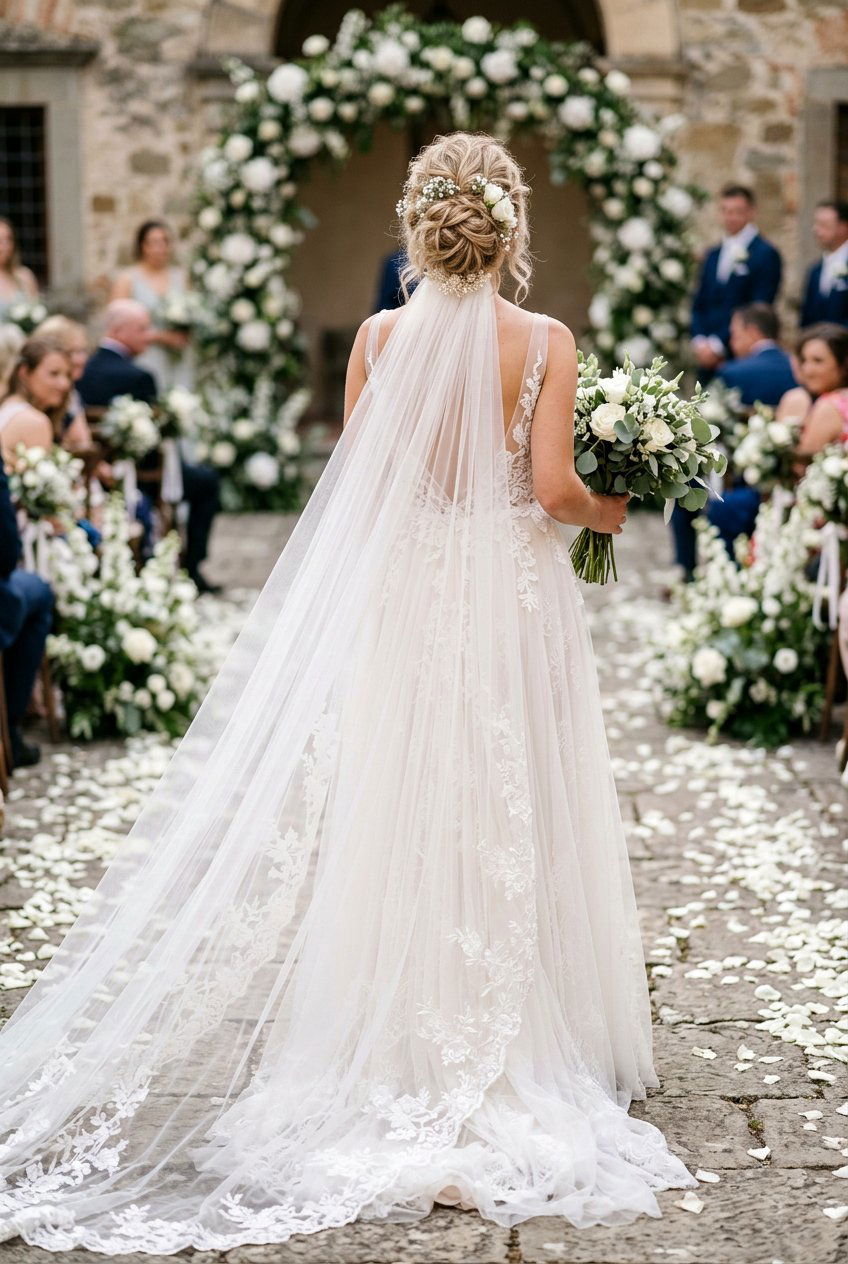 Messy Updo With Cathedral Veil - 20 bridal hairstyle for thick hair with veil - 20 bridal hairstyle for thick hair with veil