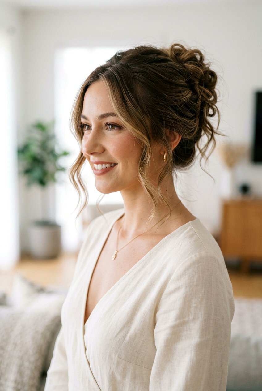 Messy Updo With Face Framing Pieces - 20 mature women wedding guest hairstyle ideas - 20 mature women wedding guest hairstyle ideas