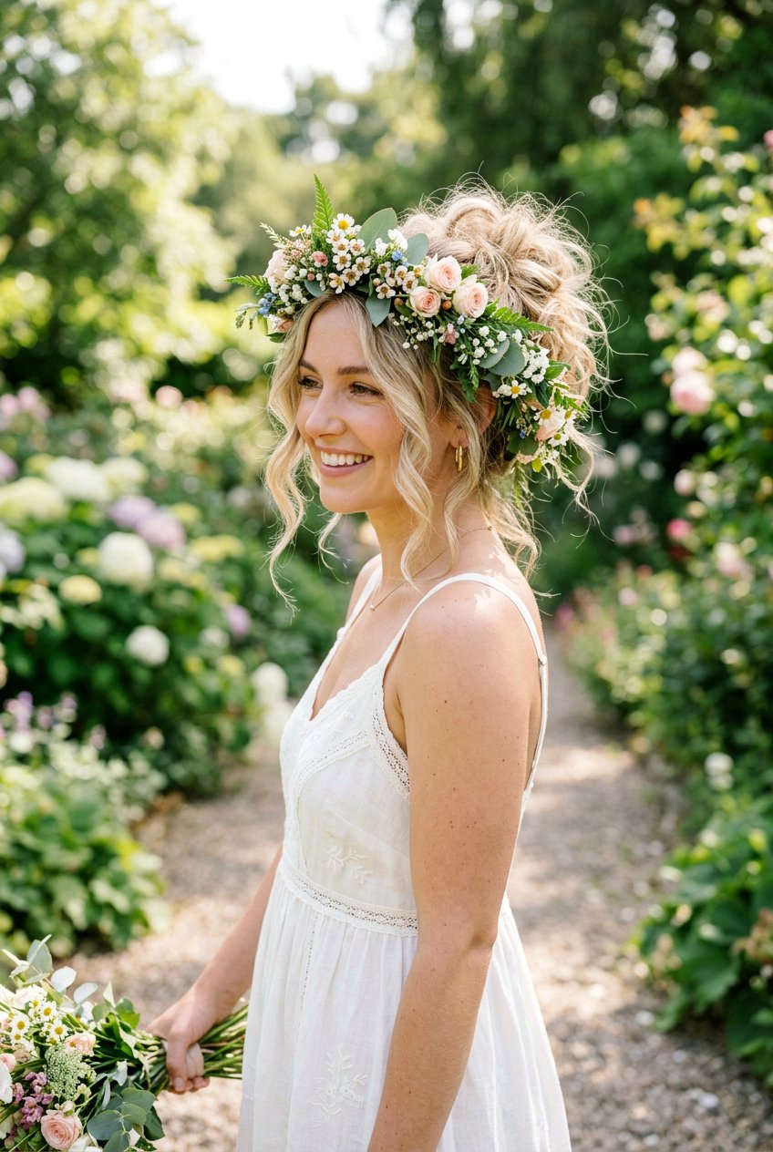 Messy Updo With Flower Crown - 20 flower crown hairstyles - 20 flower crown hairstyles