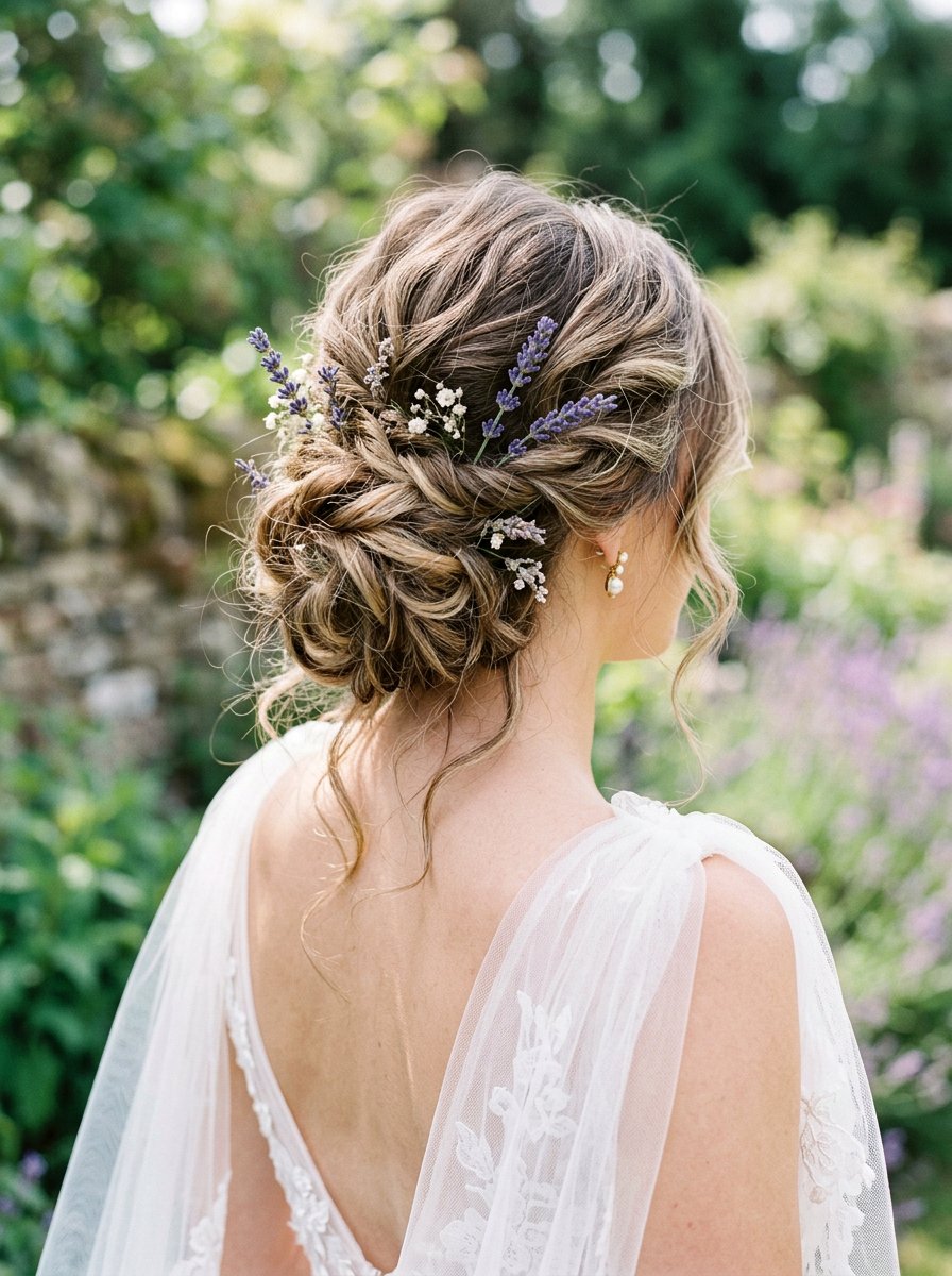Messy Updo With Lavender - 20 wedding hairstyles with flowers - 20 wedding hairstyles with flowers