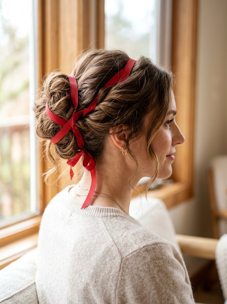Messy Updo With Red Ribbon - 20 red ribbons for medium brown hair - 20 red ribbons for medium brown hair