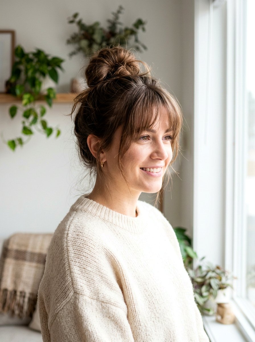 Messy Updo With Wispy Bangs - 20 soft glam hairstyle for shoulder length hair - 20 soft glam hairstyle for shoulder length hair