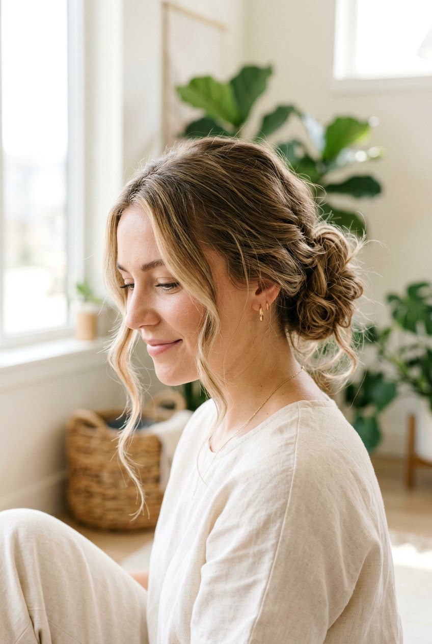 Messy Updo with Face Framing Tendrils - 20 hairstyles for square faces - 20 hairstyles for square faces