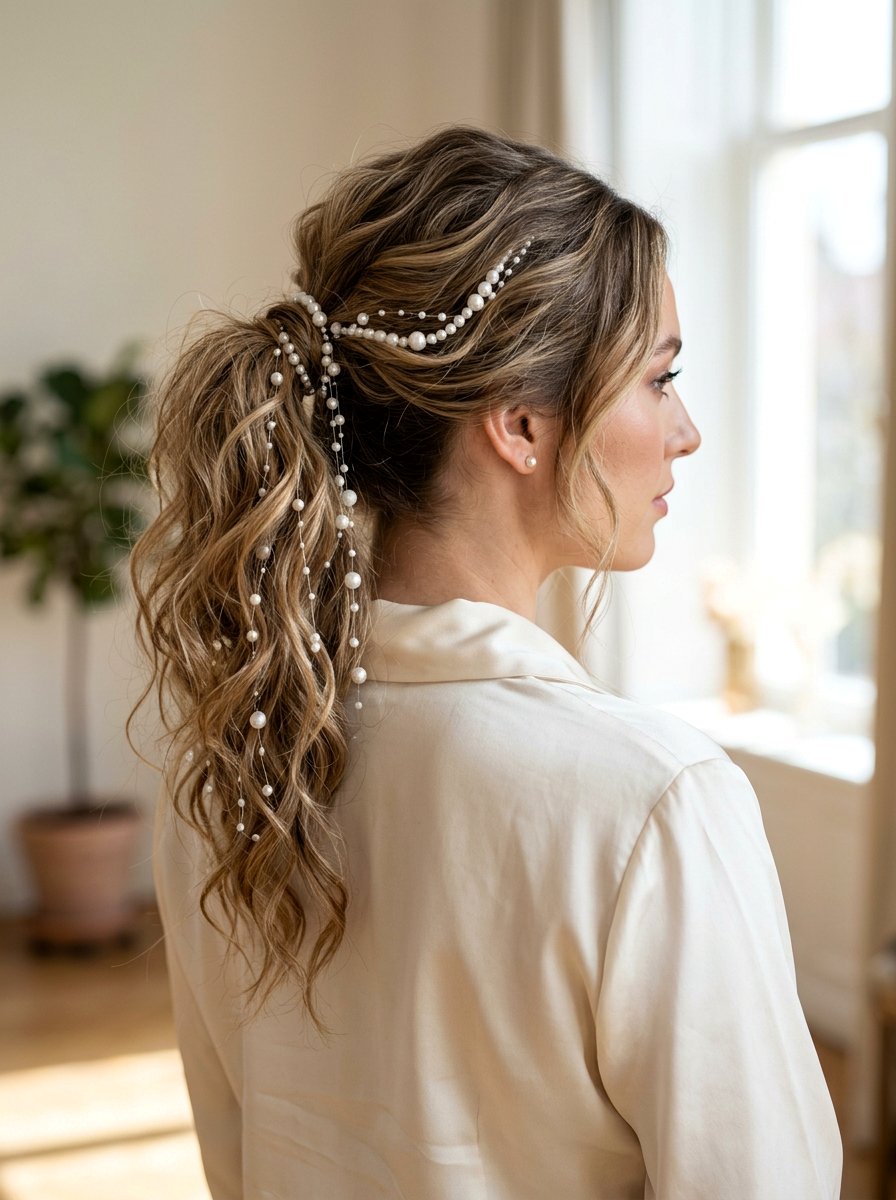 Messy Wavy Pearl Ponytail - 20 party hairstyle with pearl ponytail - 20 party hairstyle with pearl ponytail